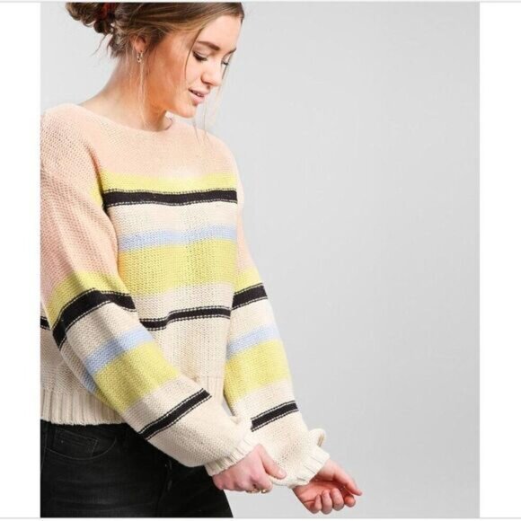 BILLABONG Seeing Stripes Sweater Crop Pink Lemongrass Sz M - Picture 13 of 15